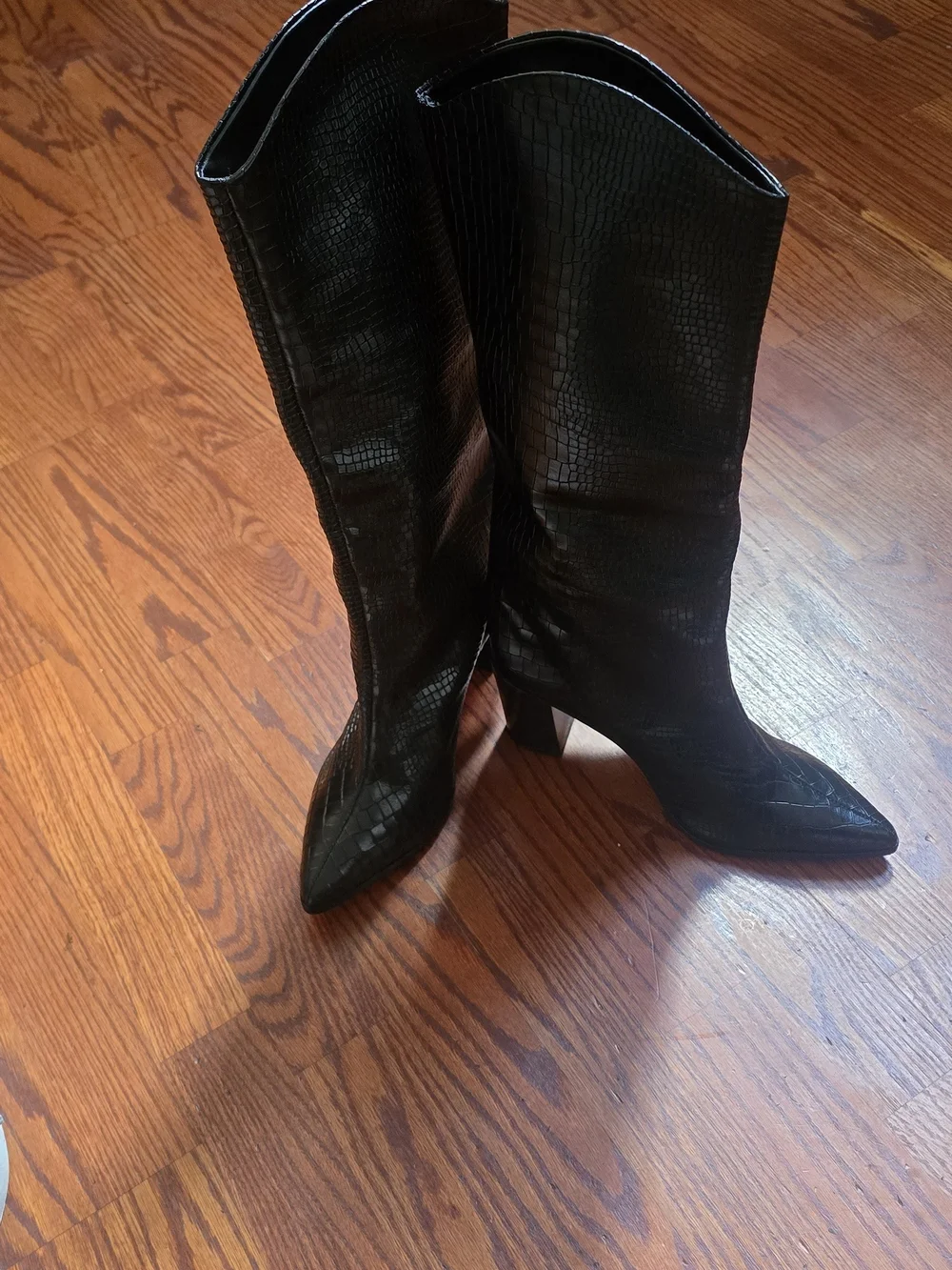 Schutz Analeah Black Leather Croc Embossed Knee High Boots Block Heel Size 10 B